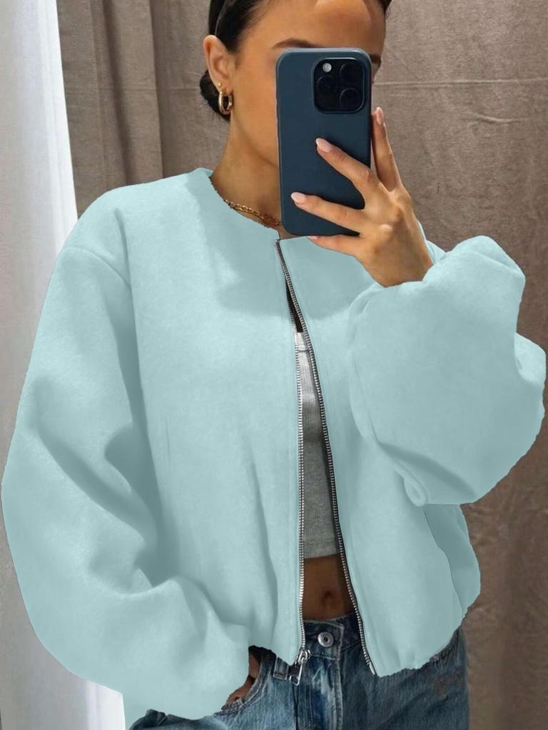 Women's Autumn/Winter Bomber Jacket - Round Neck, Drop Shoulder, Lantern Sleeve, Street Style Zip Cardigan