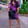 Summer Plus Size V Neck Short Sleeve Knee Pocket  Print Casual Dress For Women