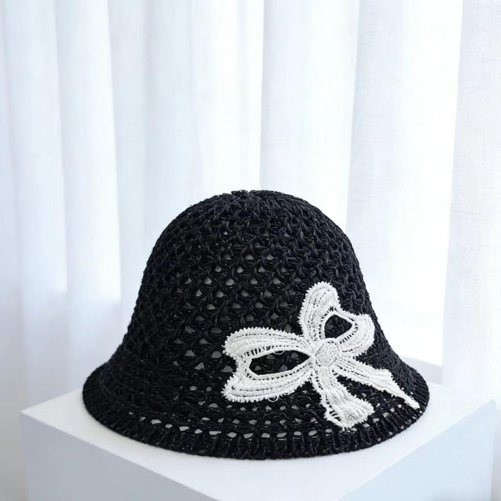 Versatile face small bucket hat female sweet bow summer new knitted bucket hat thin breathable basin hat