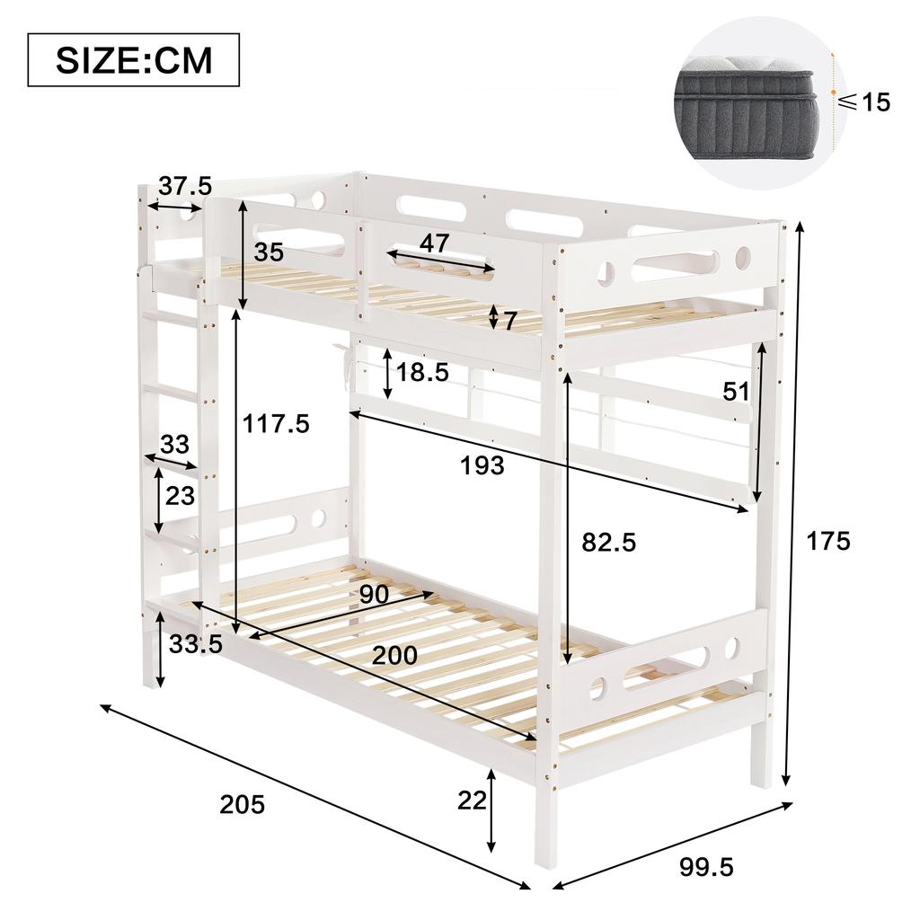 Bunk Bed, Children's Bed with Fall Protection Rail, Two Drawers on Rollers, Open Shelf, Five-Step Ladder, Storage Space, Pine+MDF, White, 90x200cm