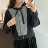 Women's Autumn and Winter Colour Blocking Retro Bow Knit Cardigan Sweater