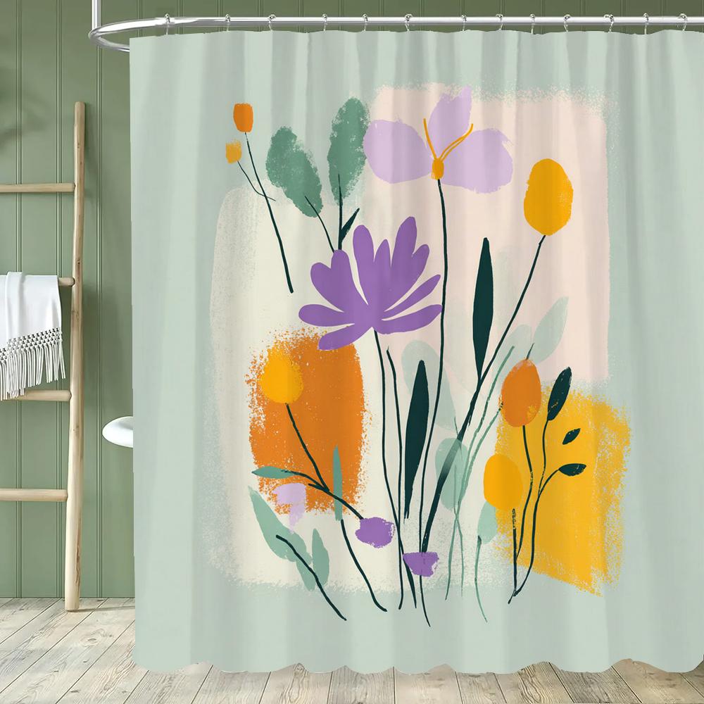 1pc Modern Minimalist Flowers Shower Curtain Floral Design Perfect Bathroom Decorative Bathroom Shower Curtain With Hooks