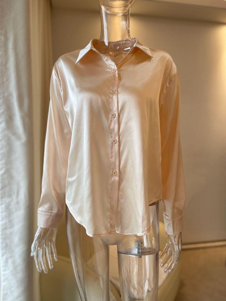 2025 Shein Elegant Long Sleeve Satin Swing Collar Top for Women - Spring/Autumn