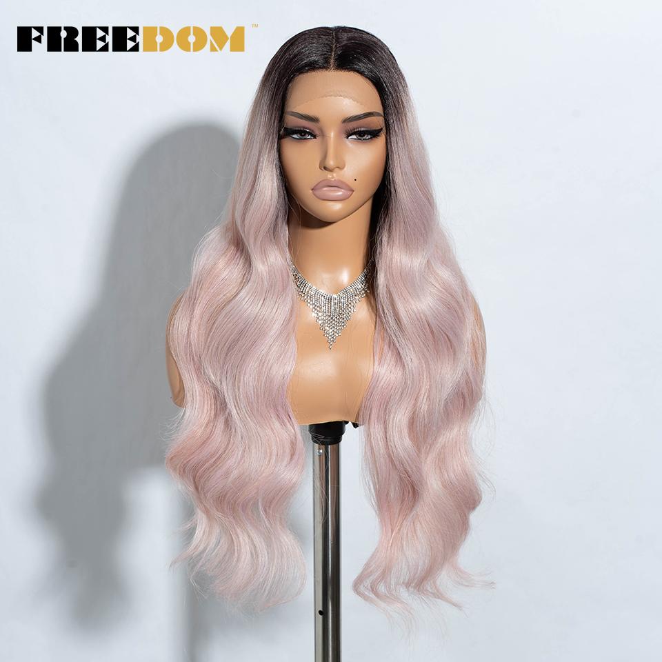 FREEDOM Synthetic Lace Front Wigs For Women Long Wavy 30" Body Wavy Long T Part Lace Wig Ombre Blonde Ginger Blue Cosplay Wig