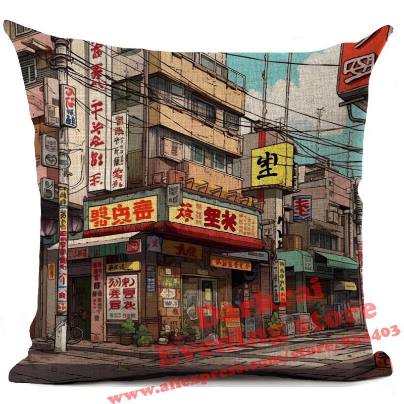 Cartoon Street Corner Linen Cushion Cover Japan Architecture Style Home Decoration Living Room Sofa Throw Pillows Case 45X45Cm