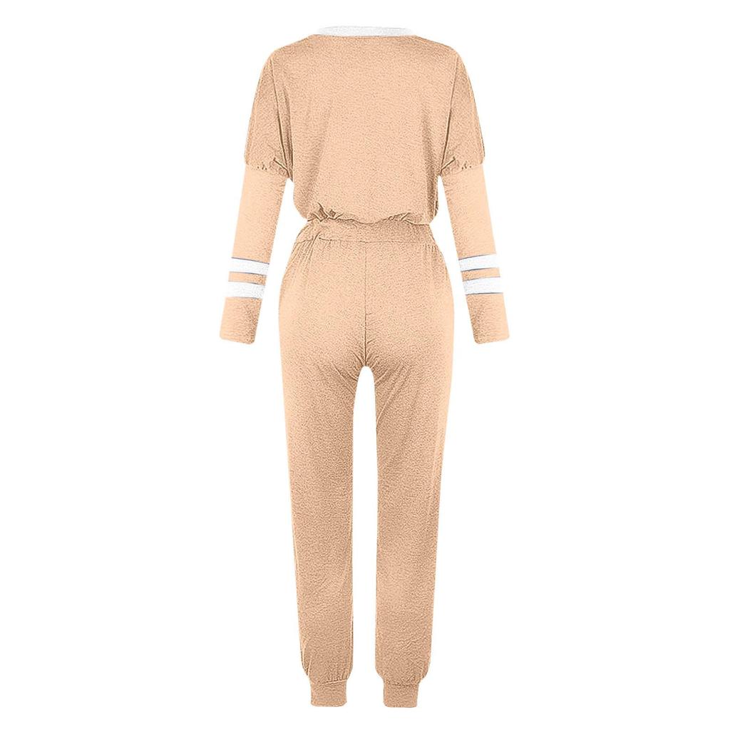 Женский модный свободный комплект из двух предметов: топ с длинным рукавом и круглым вырезом, на кулиске, в полоску, с цветными блоками, спортивный повседневный и брюки