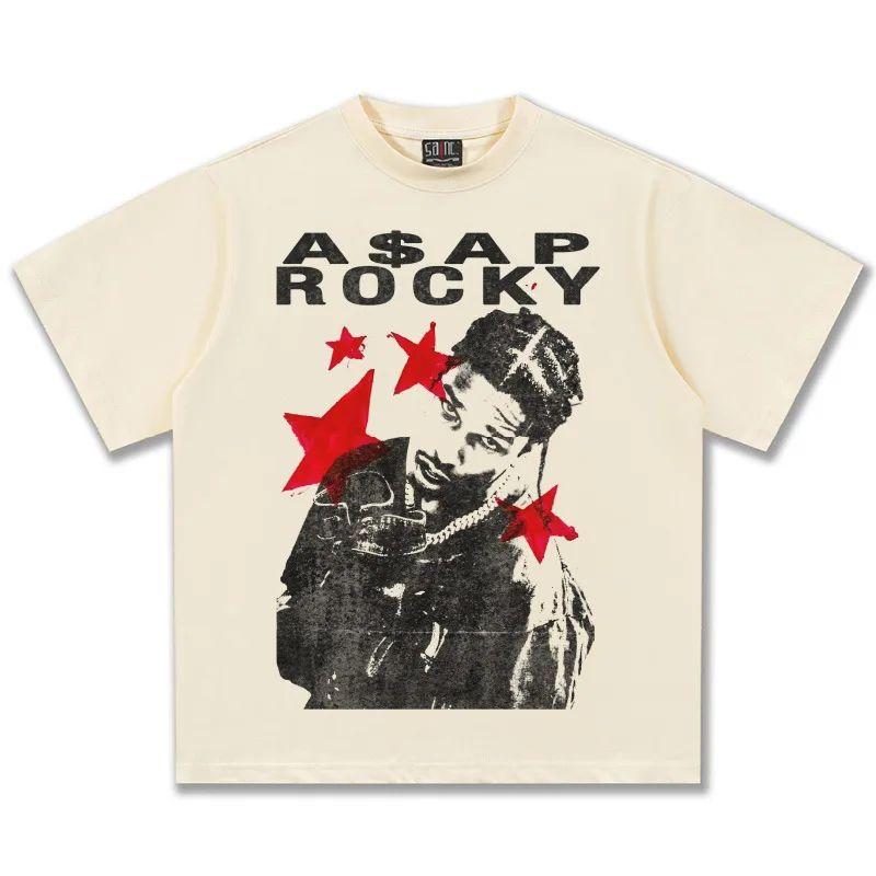 ASAP Rocky Красные Звезды Графическая Футболка Унисекс Оверсайз Хип-Хоп Рэпер Повседневная Хлопок Короткий Рукав Модная Y2K Оверсайз для Повседневной Носки