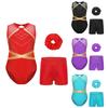 Girls Gymnastics Outfit Set Sleeveless Leotard Keyhole Back Patchwork Rhinestone Design with Shorts and Headwear
