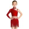 Girls Irregular Shoulder Crop Top Sparkly Rhinestone Fringe Bottoms Dance Performance Set