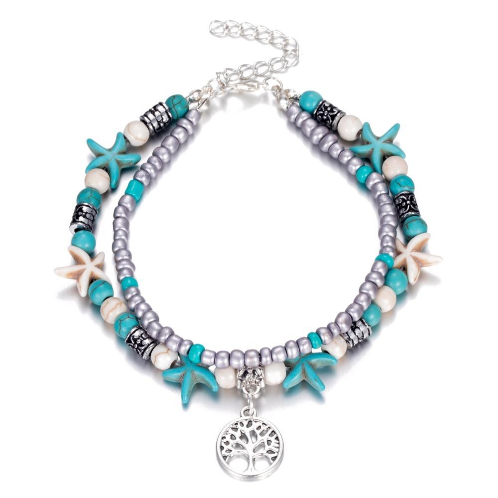 Bohemian Wind Beach Anklet Rice Bead Beaded Versatile Double-layer Versatile Turquoise Love Foot Decoration Women