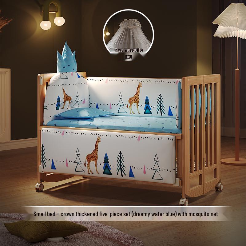 Movable Solid Wood Foldable Baby Crib, Unpainted, Multifunctional Newborn Bed