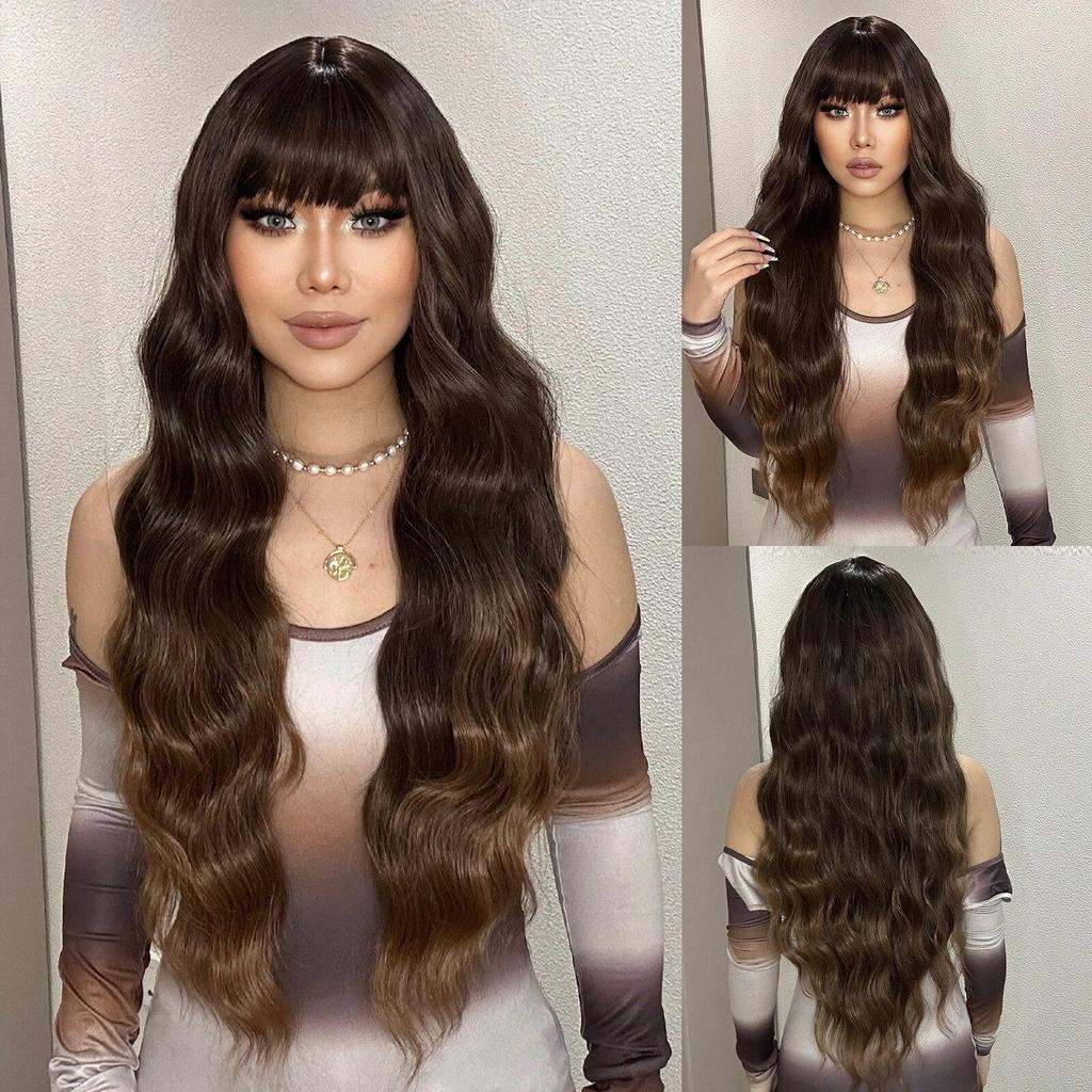 LOUIS FERRE Черные волнистые синтетические парики для женщин, натуральные длинные волосы с челкой, парик из термостойкого волокна для ежедневного использования