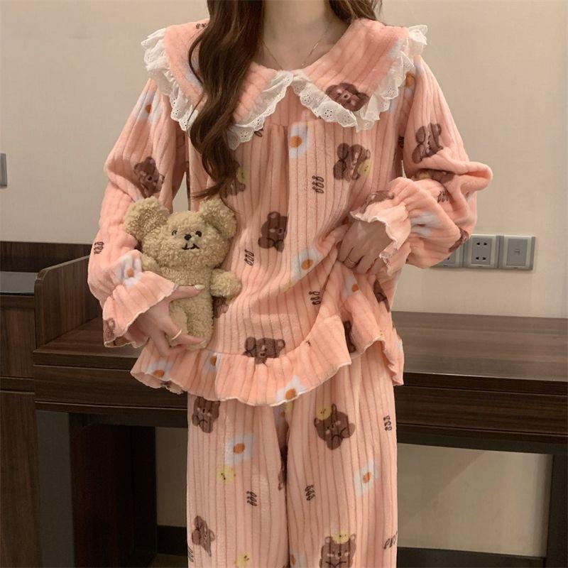 Женская пижама с принтом медведя, корейская милая принцесса, зимняя теплая свободная повседневная домашняя одежда, комплект из двух предметов с кукольным воротником и длинными рукавами
