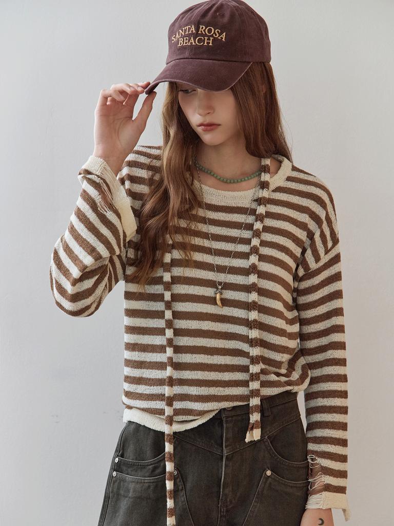 MAXZA Damaged Stripe Scarf Knit Pullover