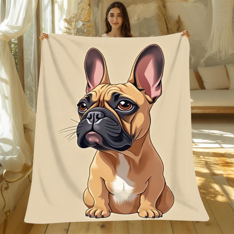 Newest Cartoon Fawn French Bulldog Beige Background Flannel Throw Blanket, Lovely Pet Dog Blanket for Sofa Bedroom Home Decor