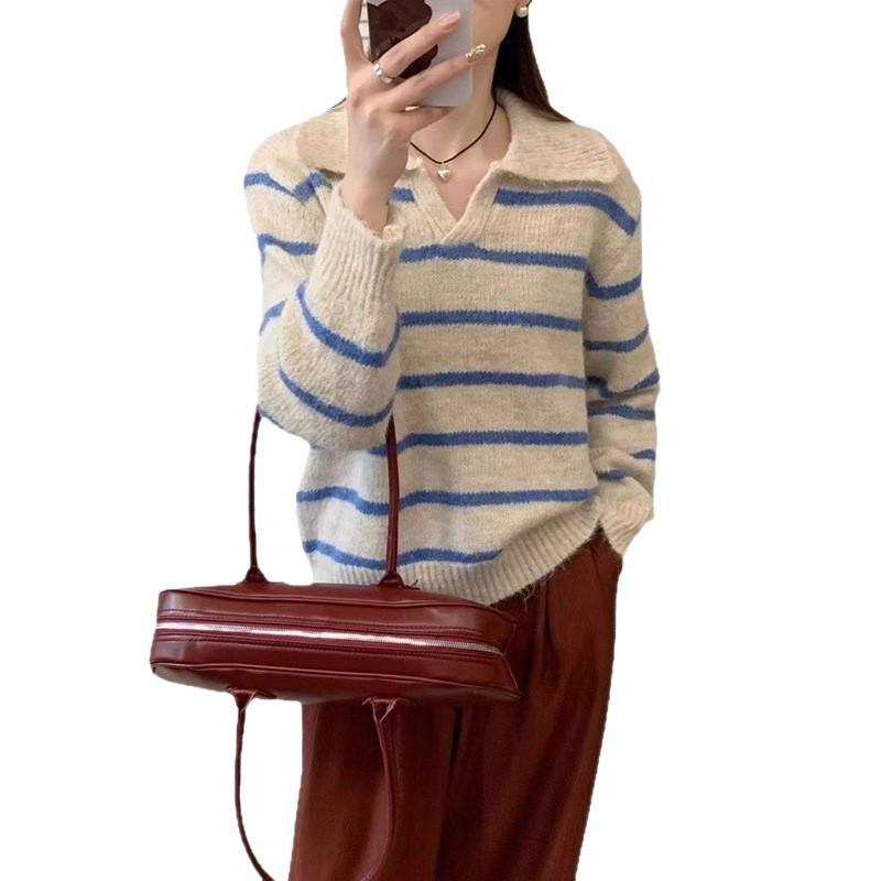 Womens Polo Neck Striped Sweater Contrast Color Loose Fit Fall Knit Top