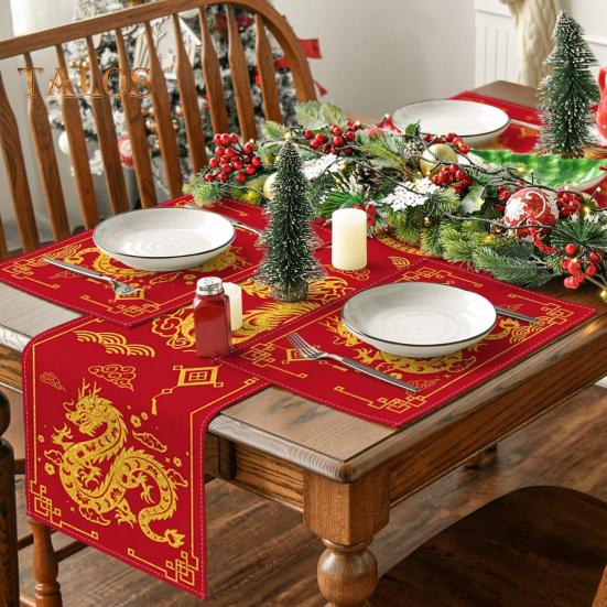 New Year Table Runner Dragon Print Thick Foldable Firm Stitching Sequin Happy Chinese New Year Table Decoration Protection Anti-scalding Holiday