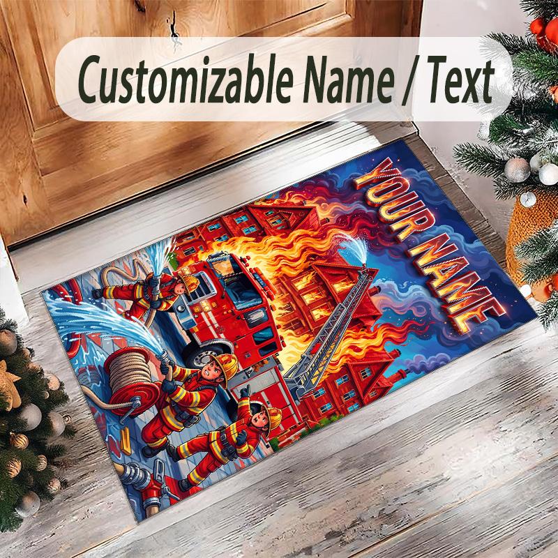 Fire Truck Theme Crystal Velvet Rug Personalized Custom Name Text Soft Floor Mat Home Decor