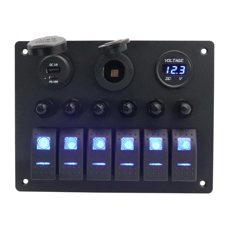 Professional 6 Buttons Switches Panel with Digital Voltmeter Tester & USB Charging Plastic Perfect for Marine Boat Truck