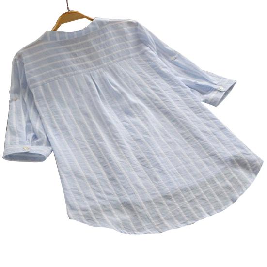 Fashion Women Vertical Stripe V Neck 3/4 Sleeve Button Loose Casual Shirt Blouse