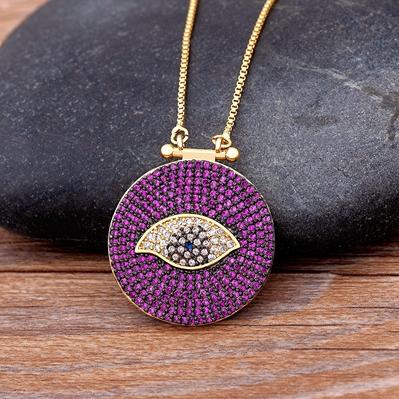 Classic Round Shape Cubic Zirconia Evil Eye Pendant Green/Purple Color Lucky Turkish CZ Necklace Copper Link Chain Jewelry Gift