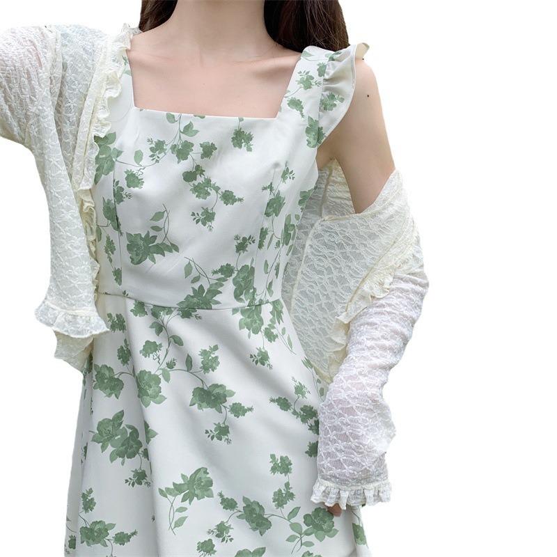 Women's French floral dress summer new square collar waist thin small fresh medium and long skirt