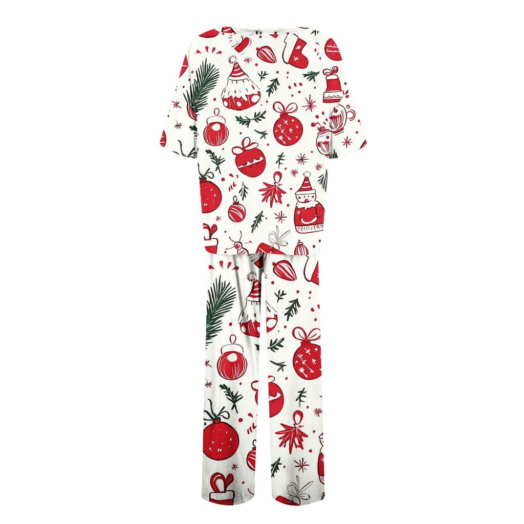 Женский шелковый атласный пижамный комплект с рождественским принтом, рубашка с коротким рукавом и длинные пижамные штаны, мягкая домашняя одежда
