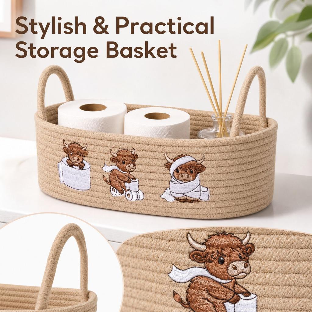 Cotton Rope Woven Storage Basket with Embroidered Design and Handles, Handheld Basket for Gifts and Home Storage