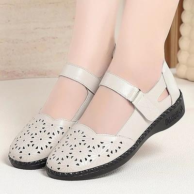 Туфли Мэри Джейн из мягкой кожи, дышащие, на весну-лето, подходящие ко всему, 2025, на плоской платформе, с перфорацией, с цветочным узором, для мамы, для офиса