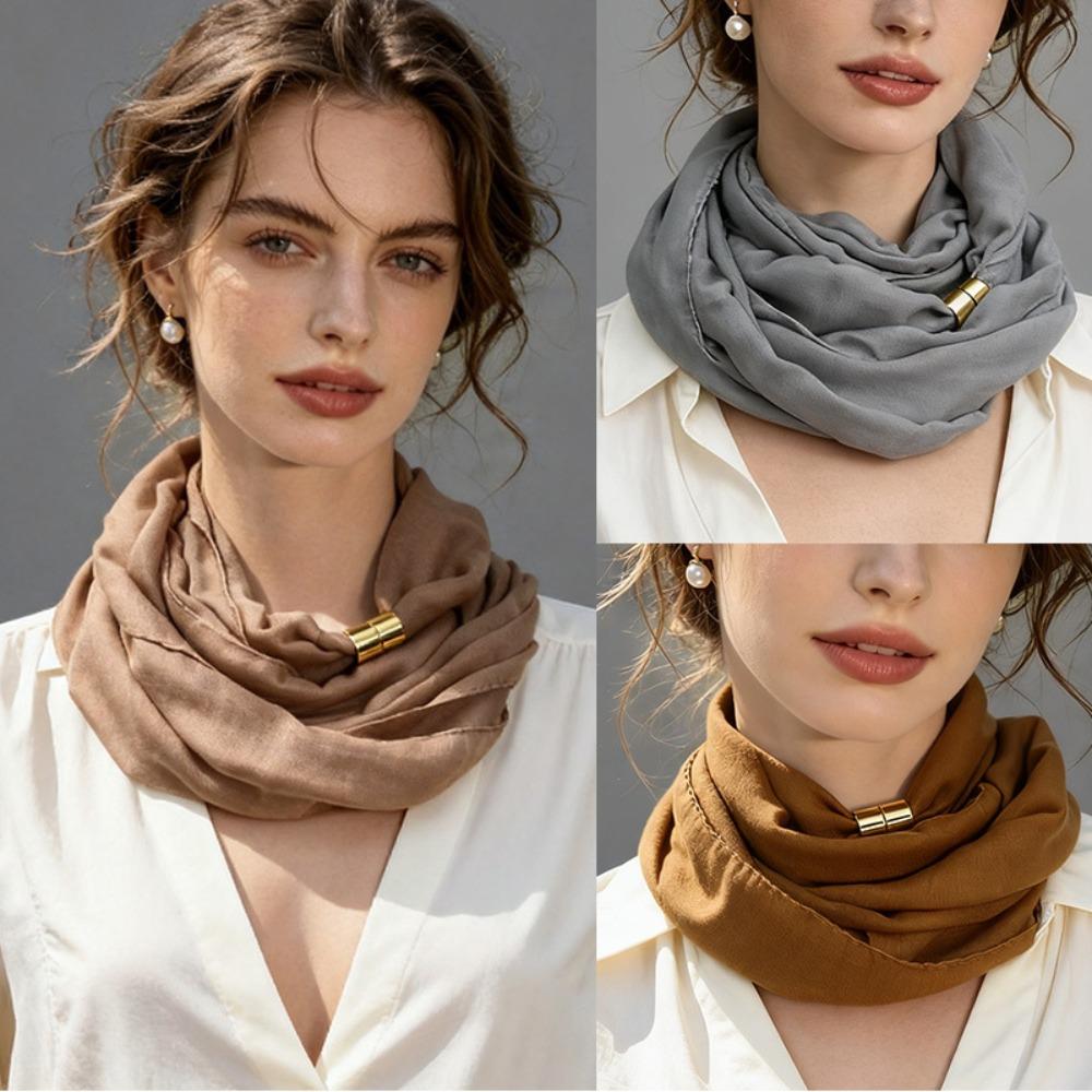 French Style Magnetic Buckle Scarf Magnet Clasp Silk Scarf Elegant Neck Scarf Autumn