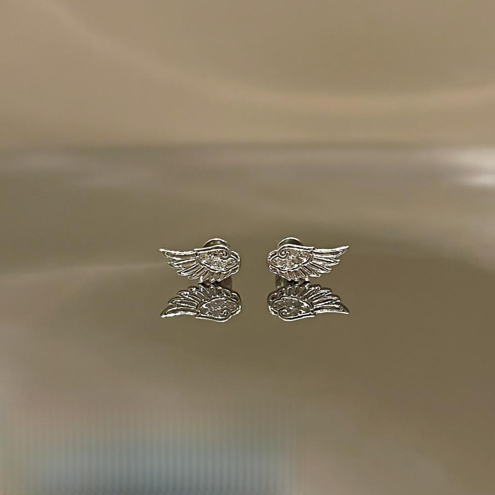 Stainless Steel Fashion Zircon Wing Stud Earrings for Women Man Silver Color Shiny Crystal Creative Angel Wings Studs Jewelry