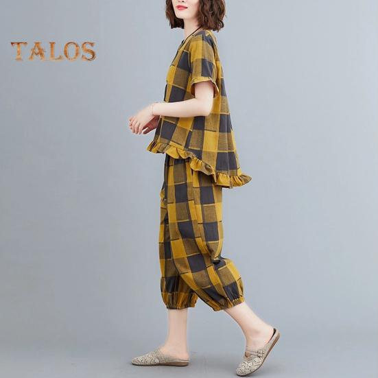 Женский комплект из 2 предметов для отдыха, повседневный клетчатый топ большого размера с короткими рукавами и спортивные брюки, летний свободный наряд