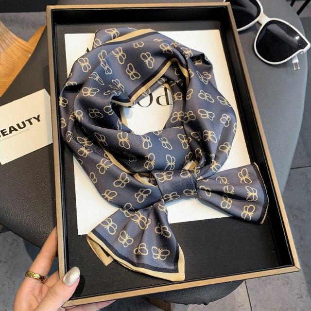 2021 модный шелковый шарф с цветочным принтом, женские длинные шарфы с тонкой шеей, офисная женская шаль, банданы, женская сумка, шарфы для волос, носовой платок