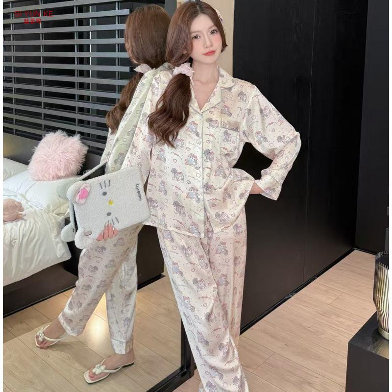 Autumn new sweet and cute cartoon cat print pajamas Korean version of girls' ice silk long-sleeved loungewear can be worn outside