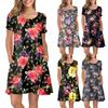 Women Summer Short Sleeve Flower Printed Pockets Sundress Casual Swing Dress