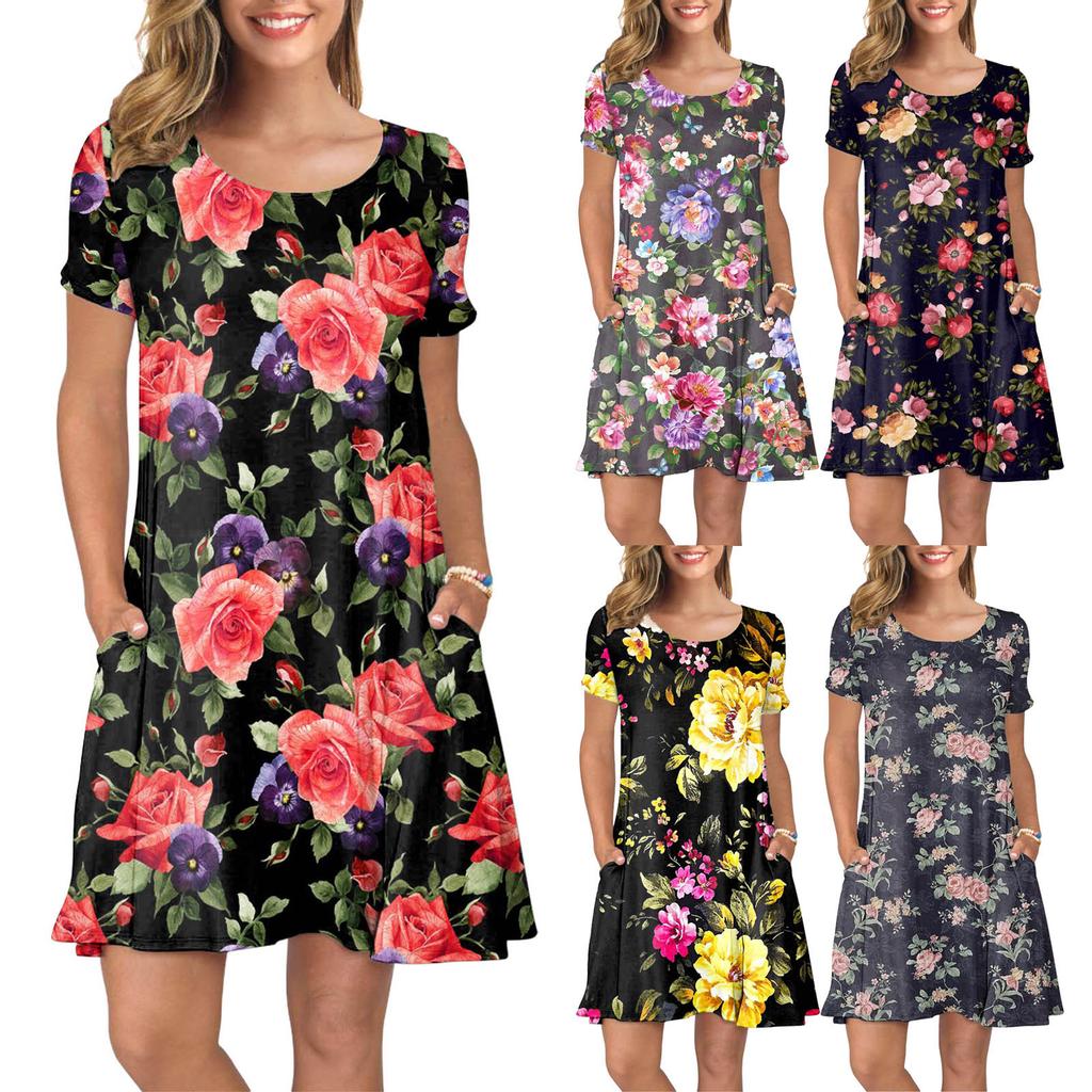 Women Summer Short Sleeve Flower Printed Pockets Sundress Casual Swing Dress