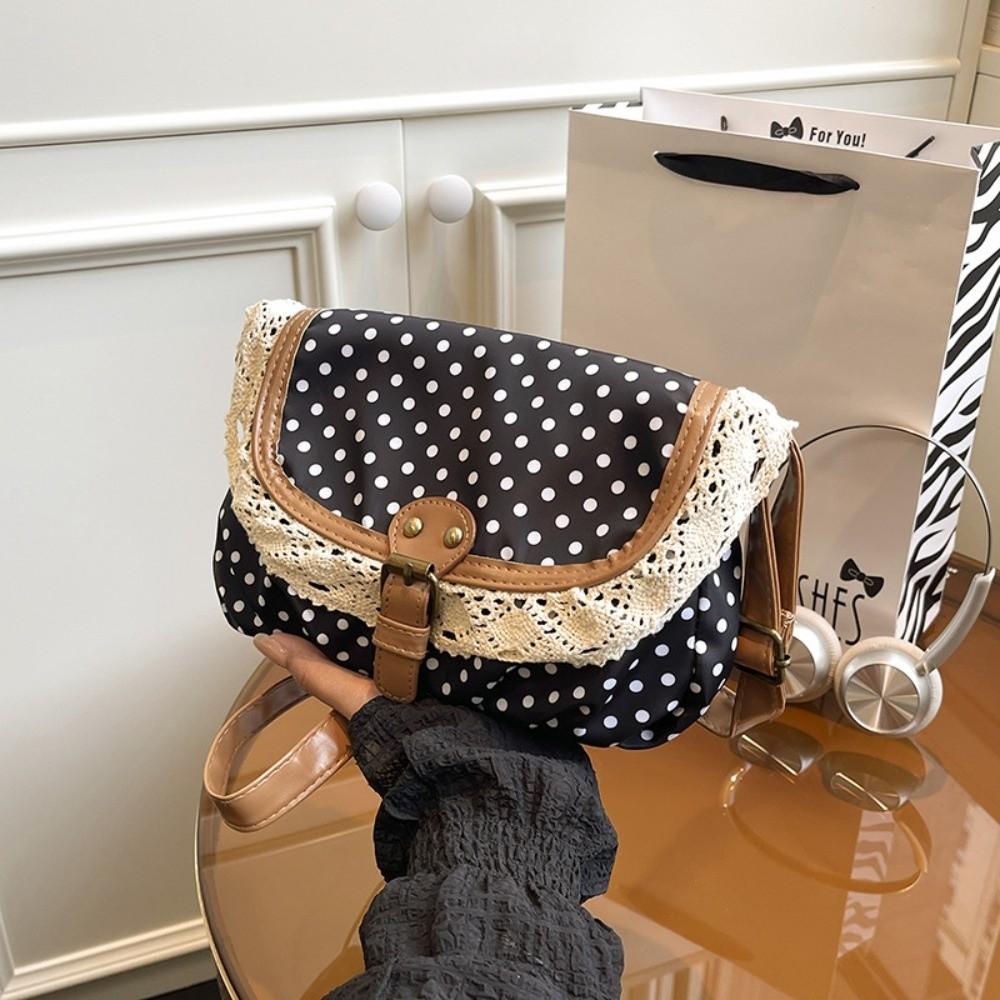 Sweet Lace Ladies Flap Crossbody Bag Polka Dots Vintage Canvas Sling Bag Daily Use