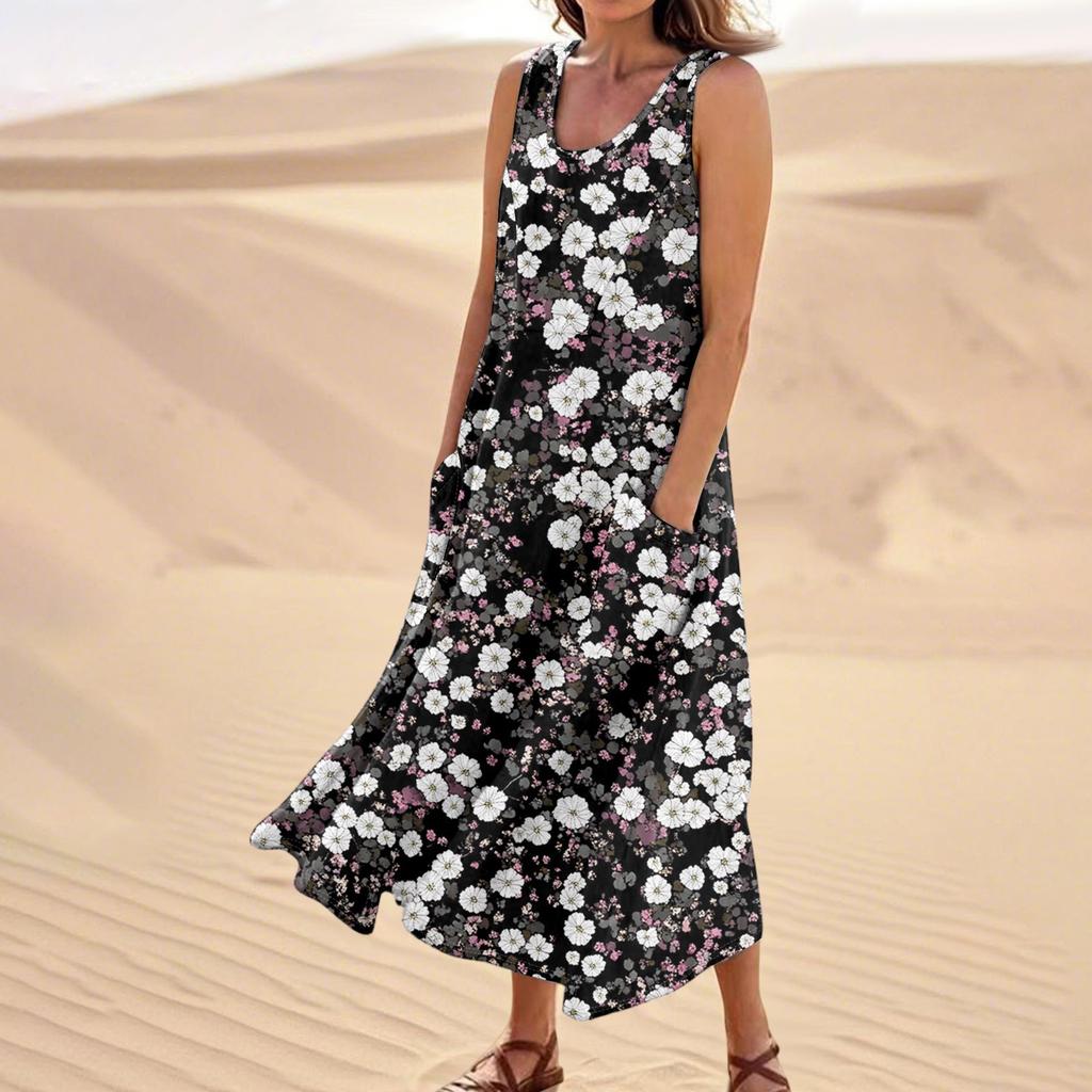 Женское летнее повседневное модное платье без рукавов с цветочным принтом и карманом
