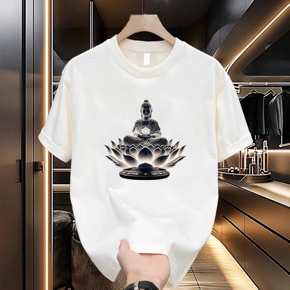 Summer Round Neck Buddha and Lotus Pattern Printed Top Fashionable Casual Pure Cotton Short Sleeved Men's T-shirts