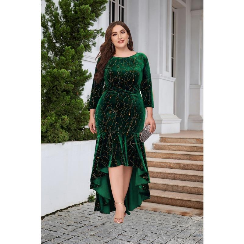 Women's Dress Plus Size Three-quarter Sleeve Mermaid High Low Hem Extra Long Velvet Dresses