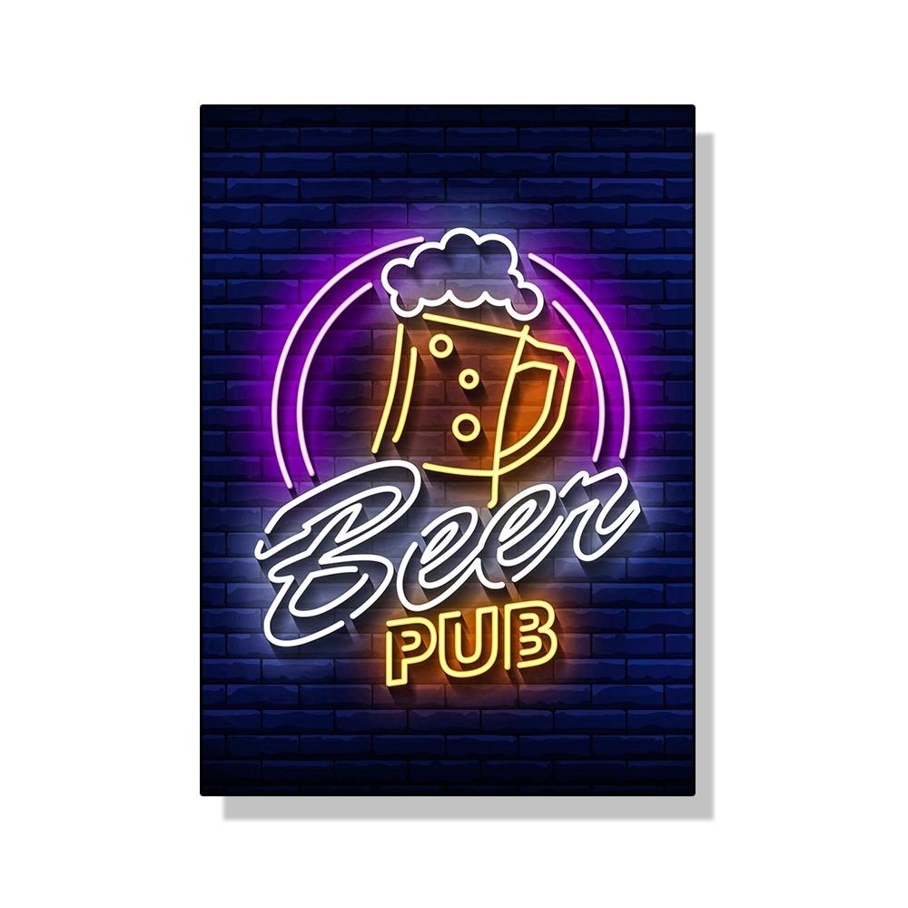 Неоновый эффект Пиво Happy Hour Паб Плакат Печать Холст Картина Настенная картина Для Бара Гостиная Домашнее украшение БЕЗ СВЕТОДИОДОВ