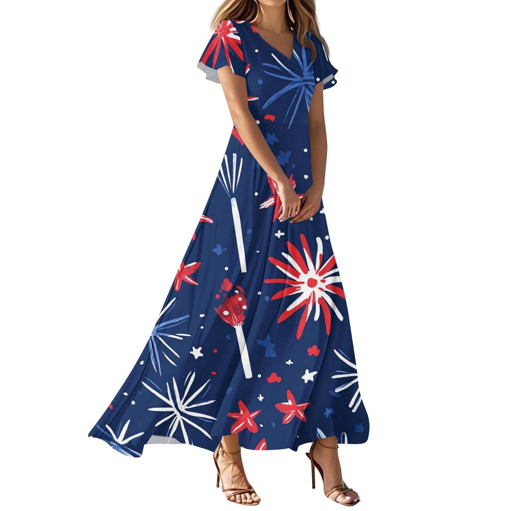 Женские повседневные модные платья с принтом ко Дню независимости, платья с коротким рукавом и V-образным вырезом