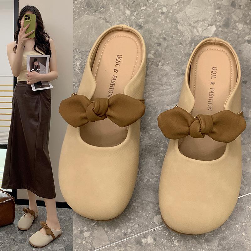 Тапочки Baotou, женская верхняя одежда, плоская подошва, весна-лето, новый дизайн с бантом, ниша, одна педаль, мягкая подошва, классные тапочки