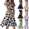 Women's Casual Fashion Flower Print Dress V Neck Short Sleeve Short Skirt
