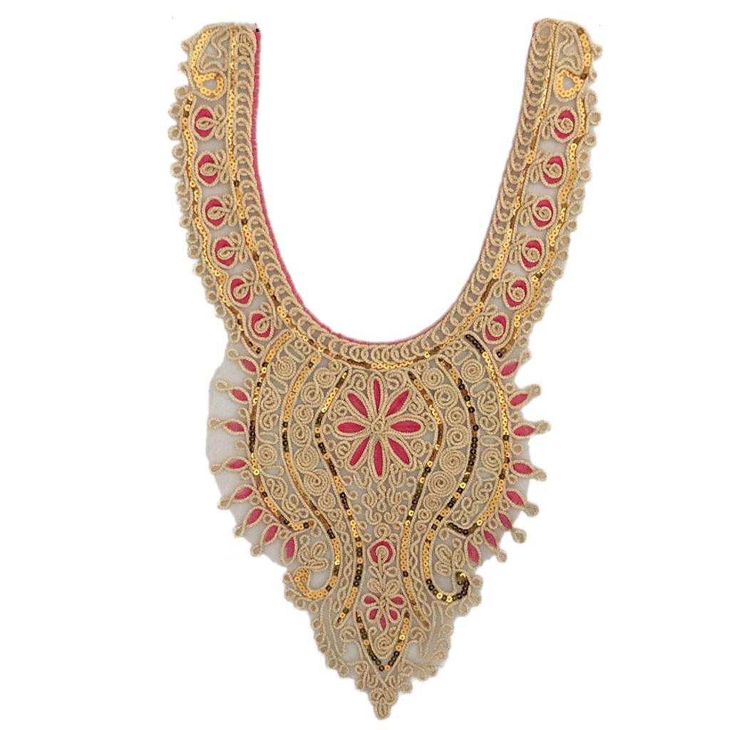 Elegant Embroidered Lace Collar Neckline Appliques Trim with Sequins Ethnic Style Sew On Patches for Fashionable Women