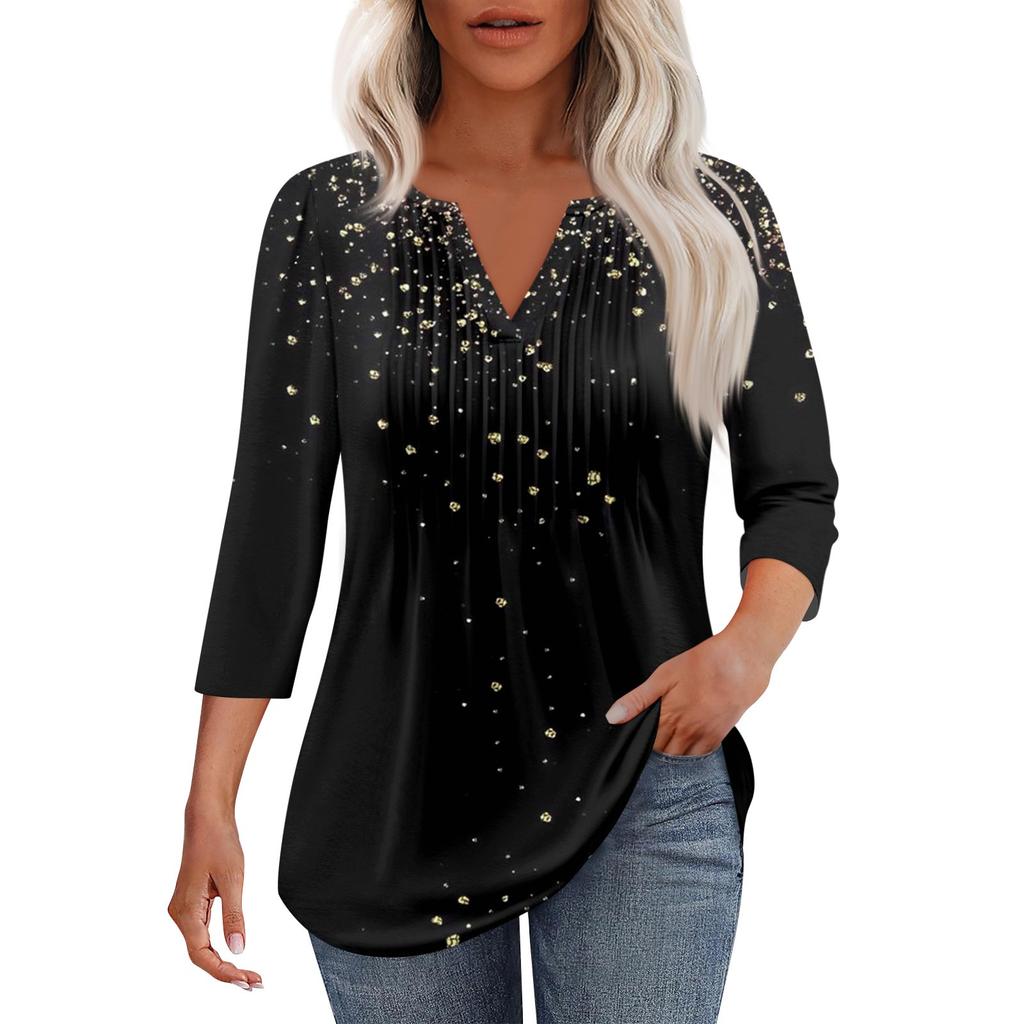Women's Fashionable Casual Pleated V Neck Solid Color Seven Quarter Sleeve T-shirt Top