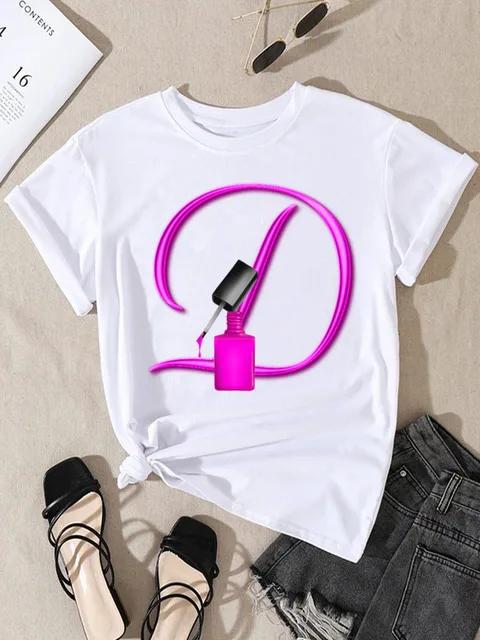 Summer Women's Short Sleeve T-shirt Dazzle Nail Polish Letter Print Large Size Shirt Fashion Girl Crewneck Tshirt Aesthetic Tee