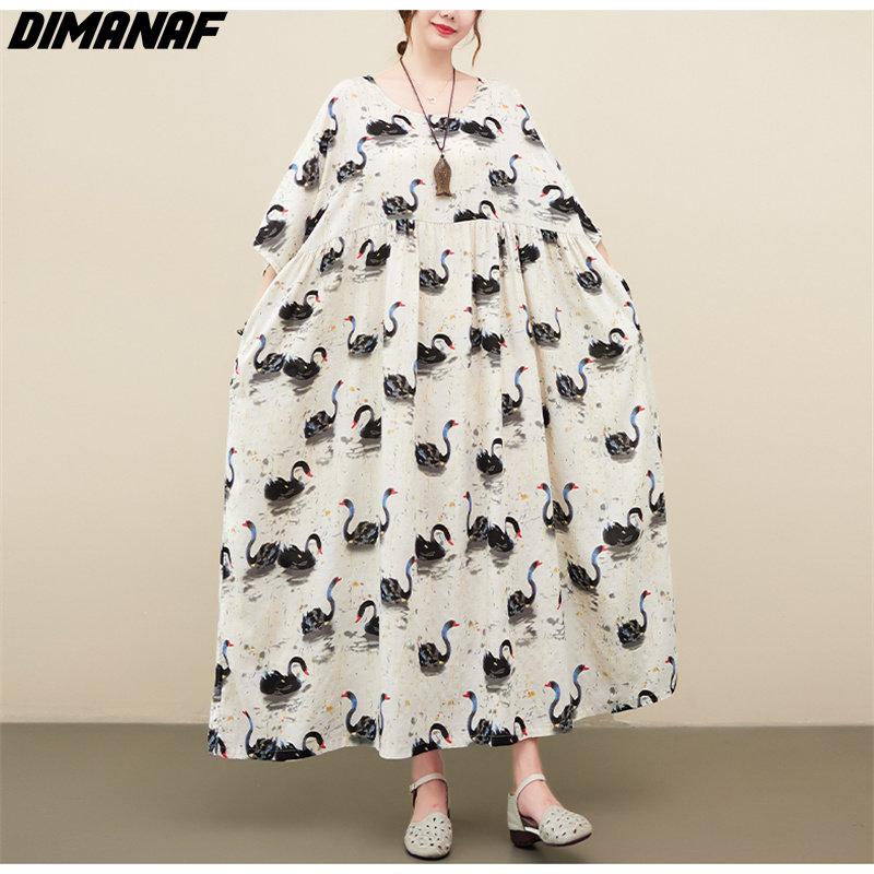 DIMANAF 2023 Women Dress Summer Sundress Linen Beach Holiday Print Pattern Fashion Lady Vestidos Loose Casual Maxi Dress Oversize