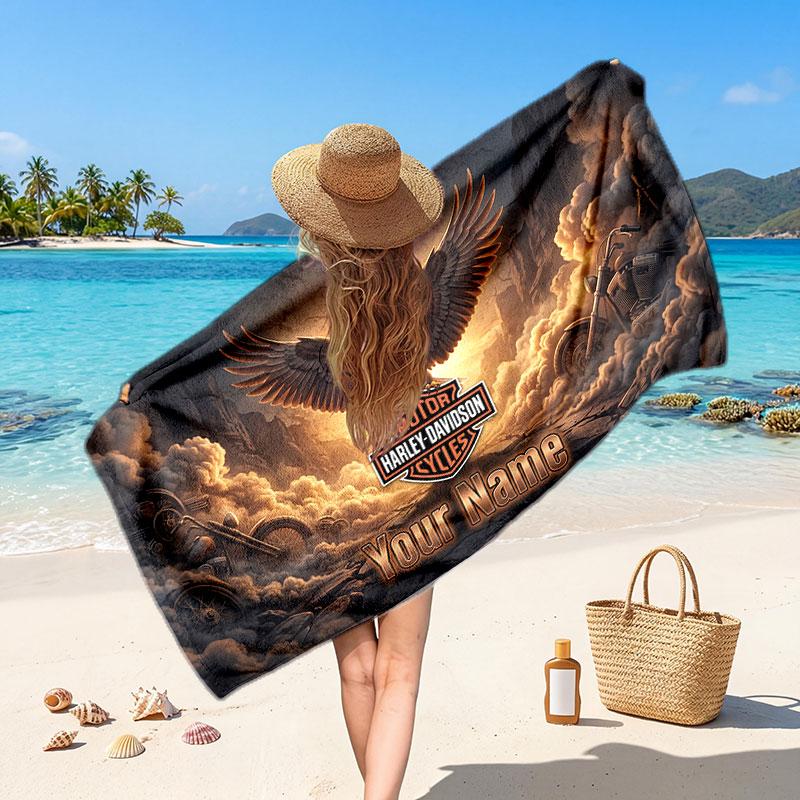 Harley-Davidson Customized Name Text Beach Towel, Soft Absorbent Towel Beach Pool Travel Personal Gift
