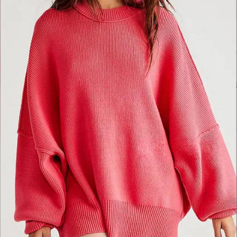 Женские свитера оверсайз «летучая мышь» 2025 Осенние наряды Модные вязаные топы-пуловеры с круглым вырезом и боковыми разрезами